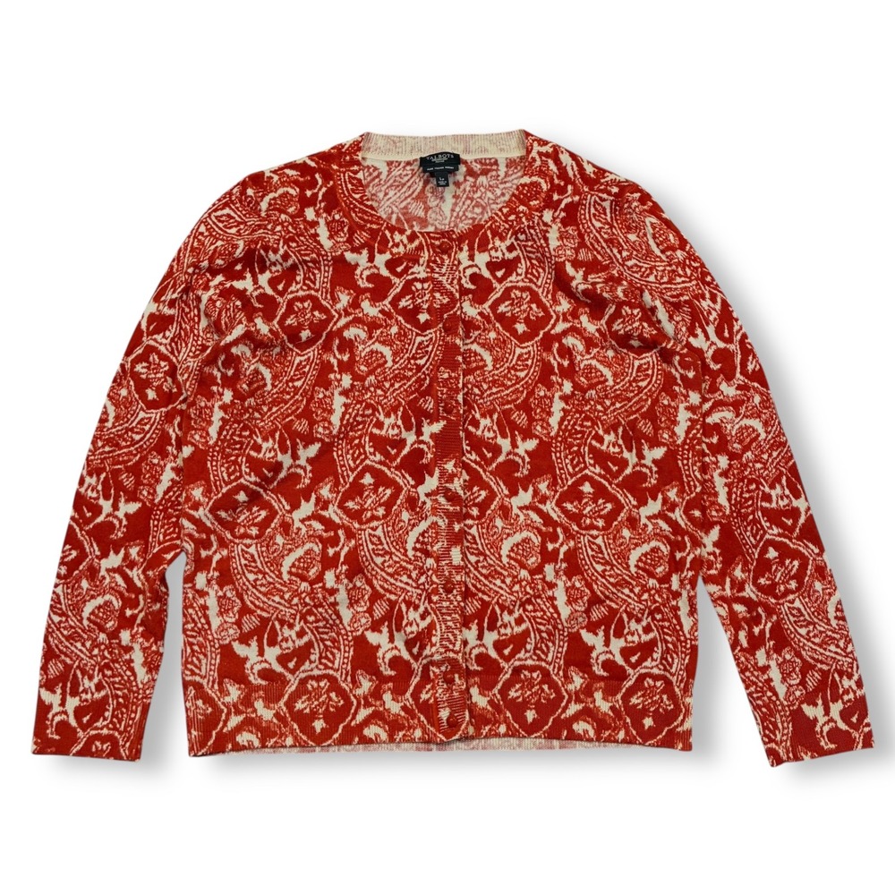 Talbots Petites Cardigan Sweater Red Paisley Print 100% Merino Wool Large Petite